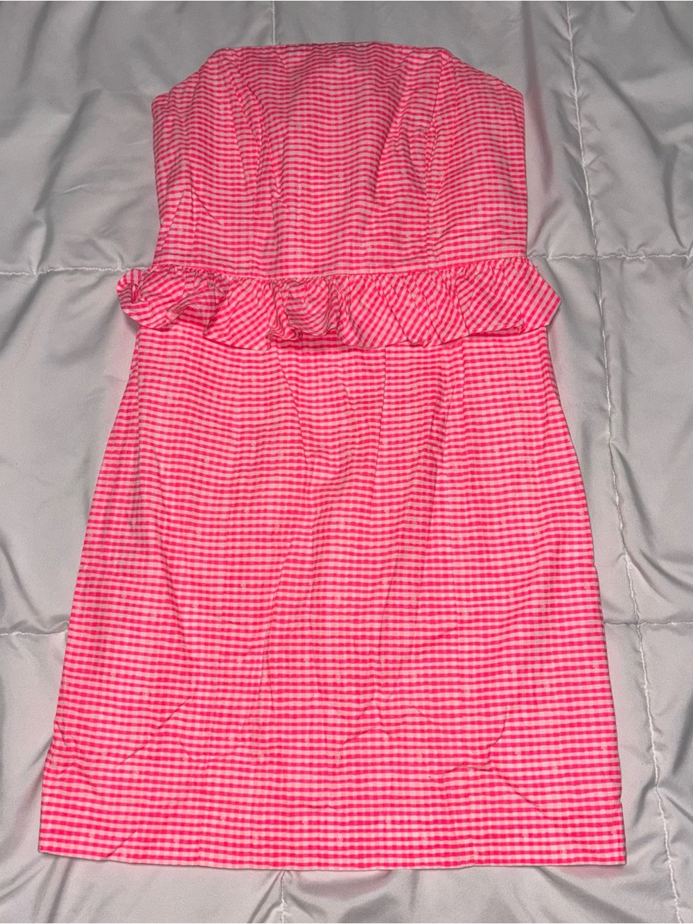 Lilly Pulitzer Lowe Dress in Fiesta Pink Pretty Gingham Print Strapless Ruffle